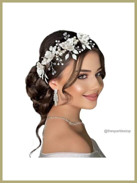 Crystal Pearl Floral Headband with Combs Adjustable main image 4